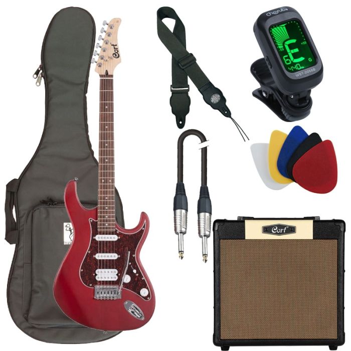 Sarkana elektriskā ģitāra komplektā ar somu, skaņotāju un pastiprinātāju