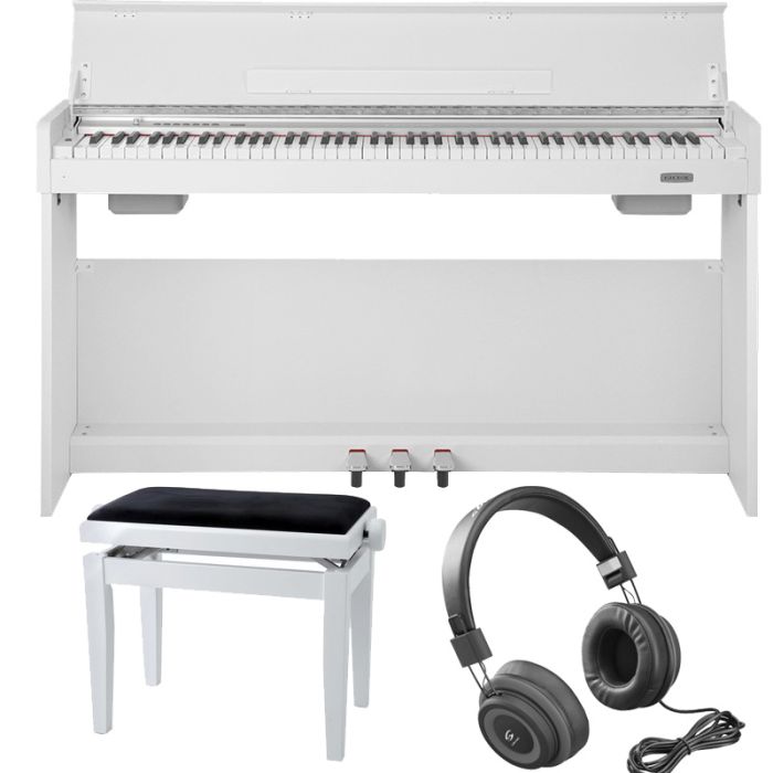 Baltas digitālās klavieres ar krēslu un austiņām