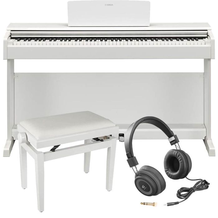Baltas Yamaha YDP 145 digitālās klavieres ar klavieru soliņu un austiņām komplektā