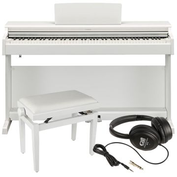 Baltas digitālās klavieres Yamaha Arius YDP-165 WH ar klavieru krēslu un austiņām uz balta fona